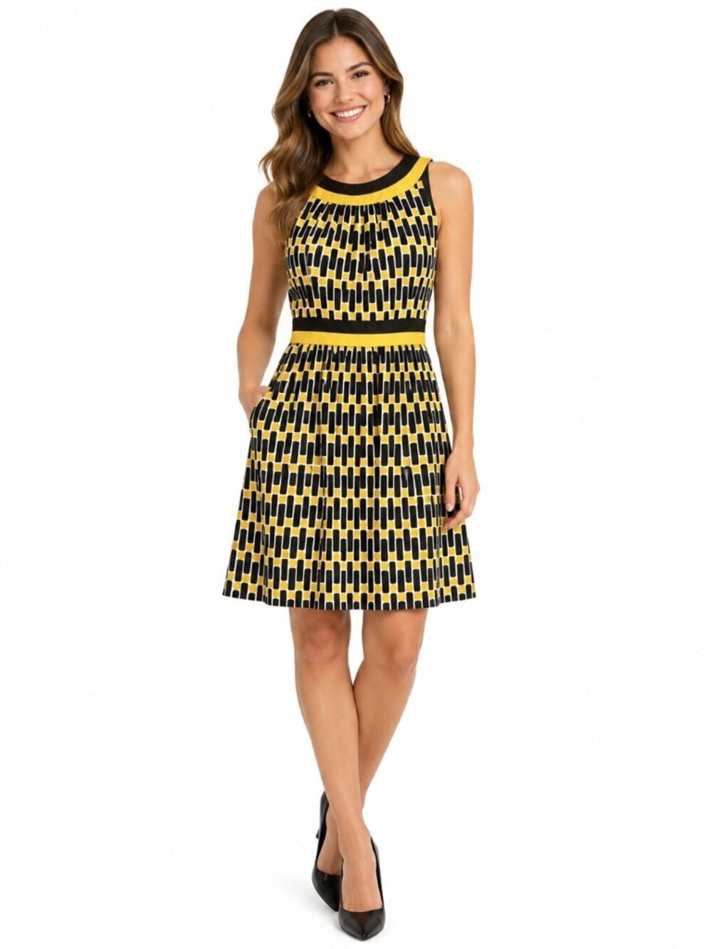 Maggy London Black Yellow Geometric Print Silk Sleeveless Dress